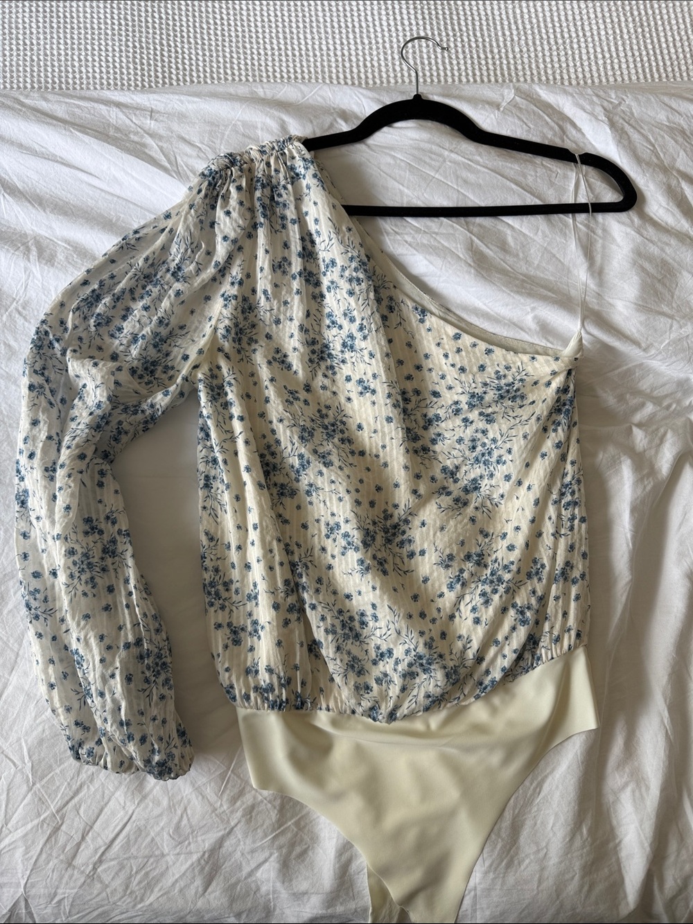 Cami NYC One-Shoulder Floral Bodysuit in Ivory and Blue